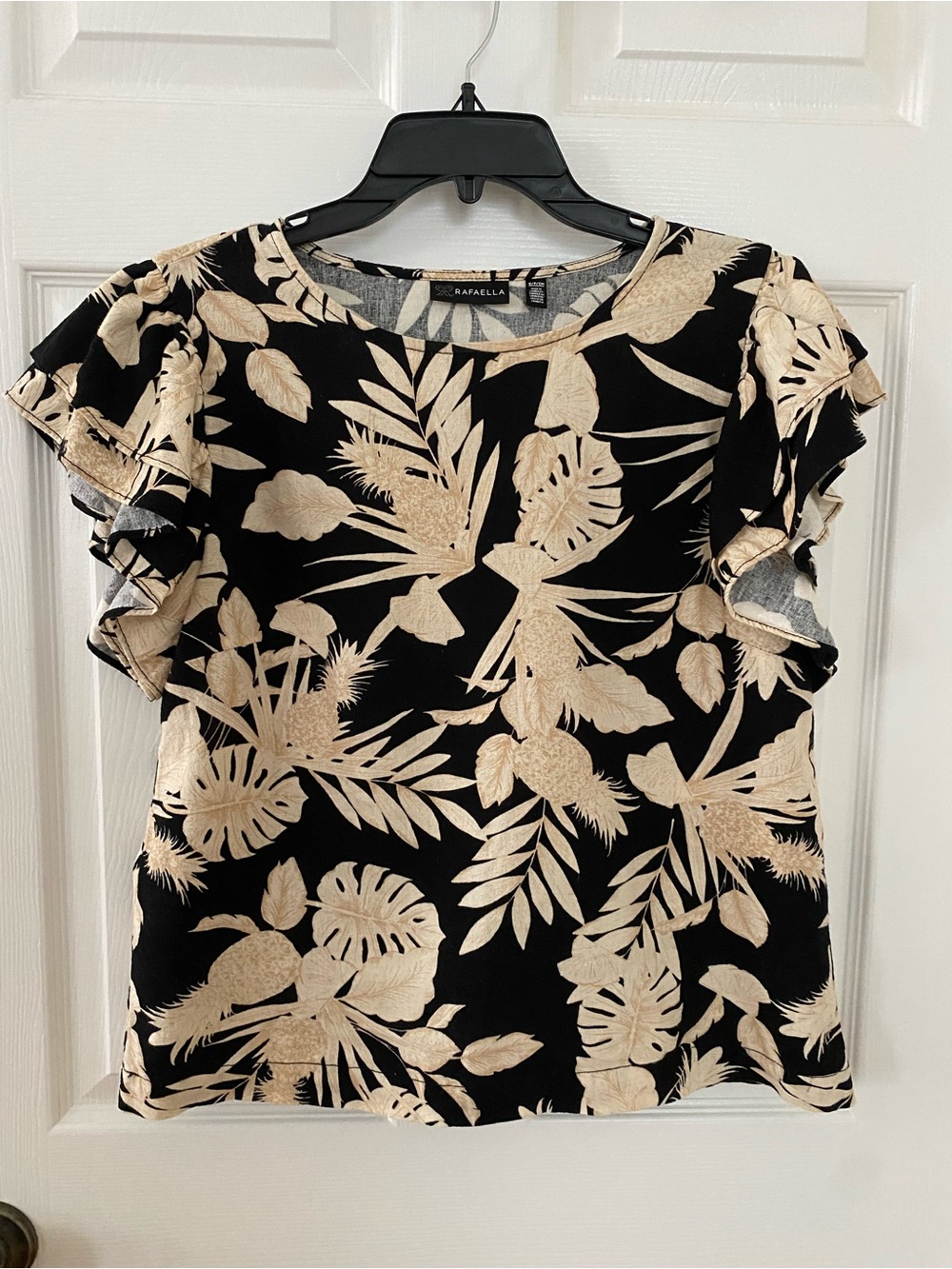 Rafaella Linen Blend Tropical Leaf Print Ruffle Sleeve Top – Size Small